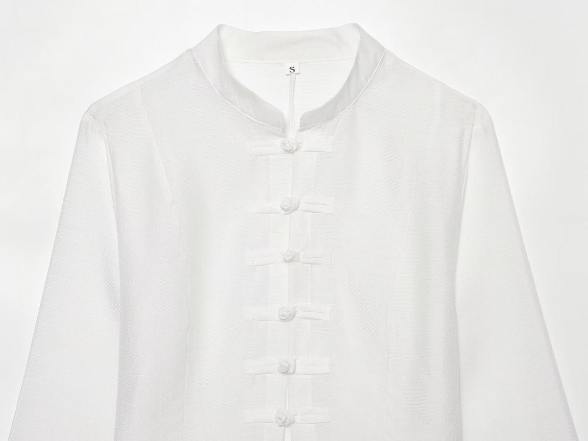 Women's standing collar buckle short top
