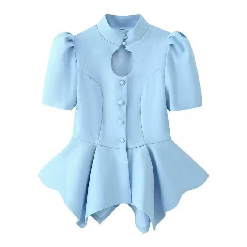 Women's hollowed out bubble sleeve waist cinched top