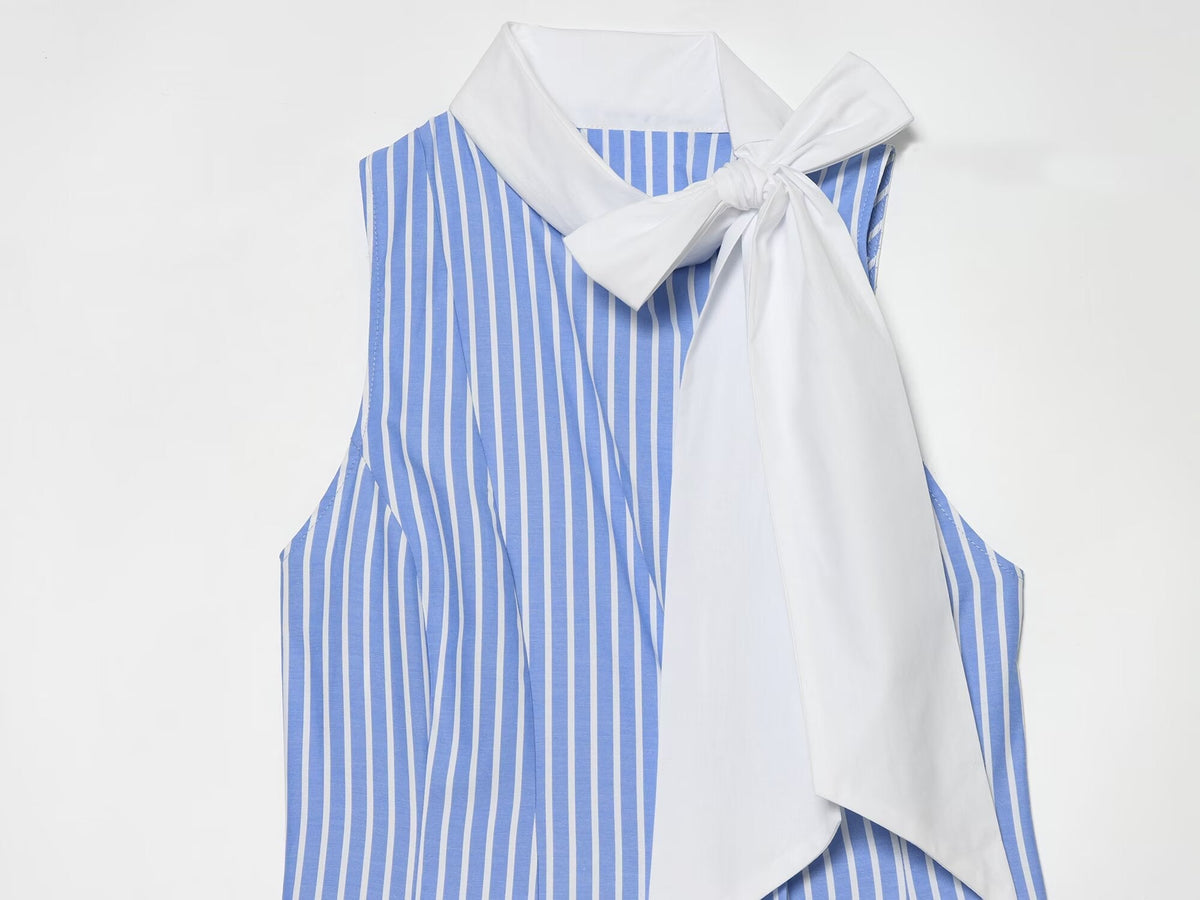 Women's bow decoration striped sleeveless shirt