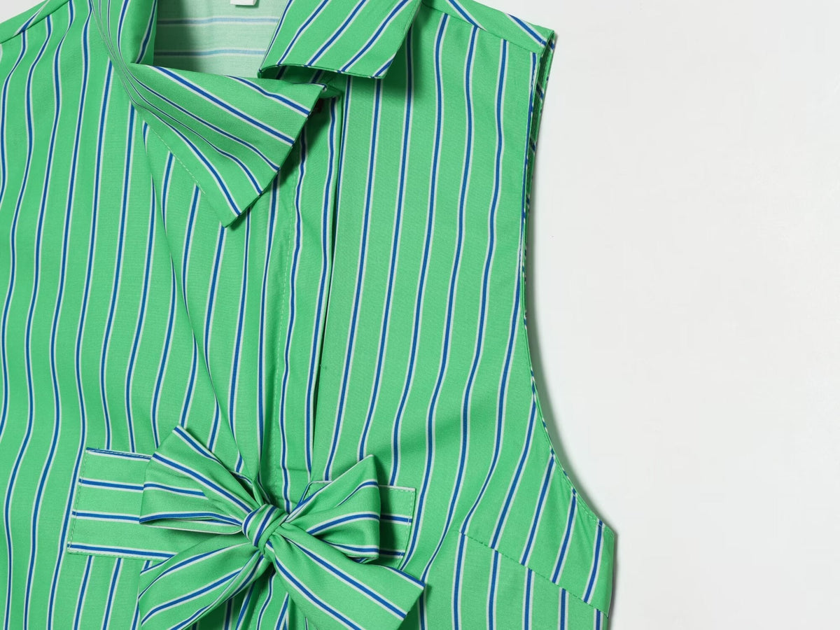 Women's bow decoration striped sleeveless shirt