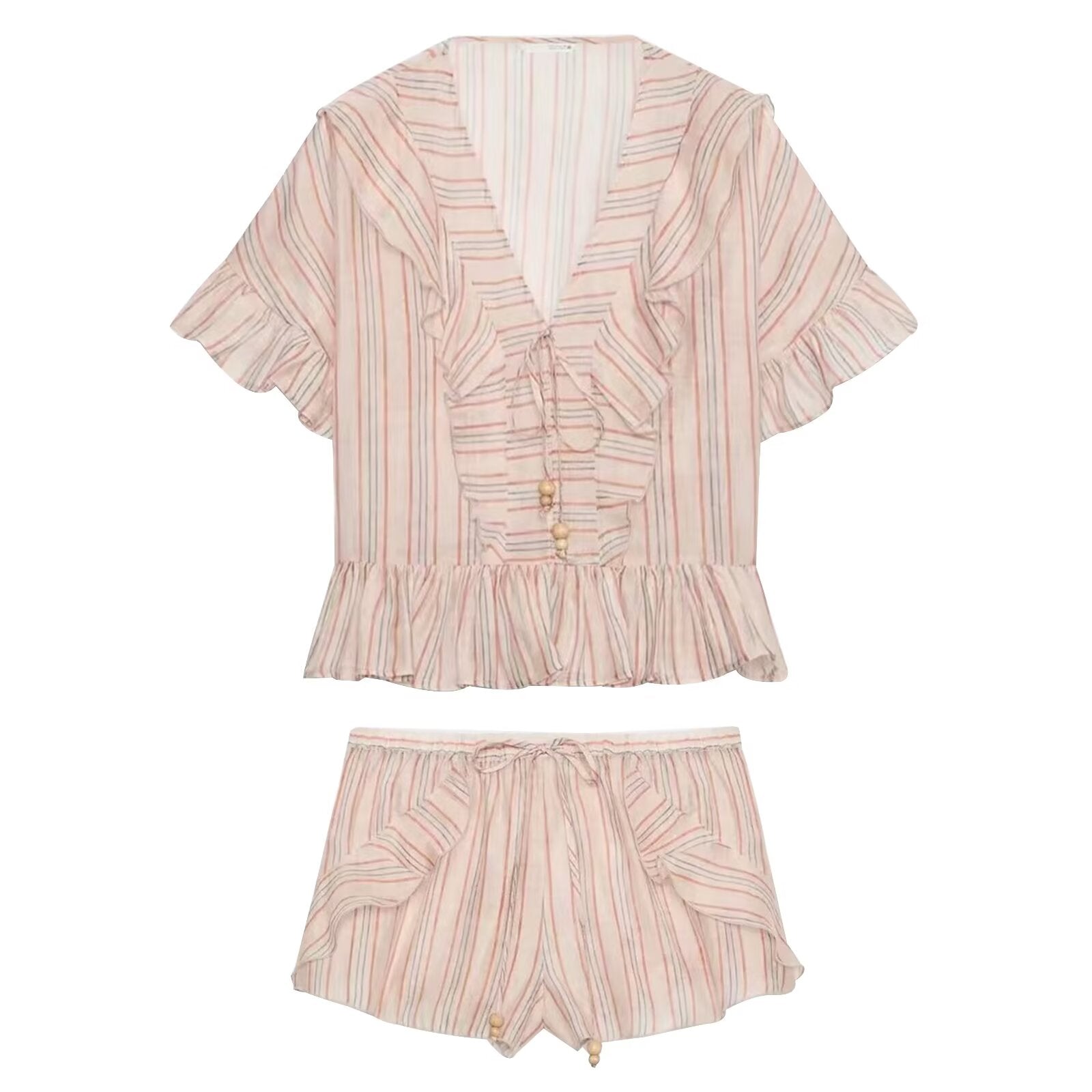 suit Women's 2 pieces striped layered decorative shirt+shorts