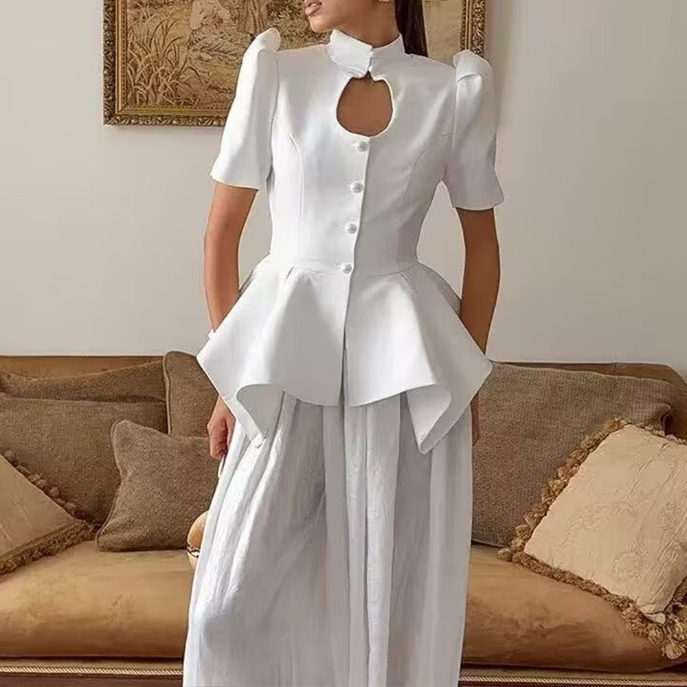 Women's hollowed out bubble sleeve waist cinched top