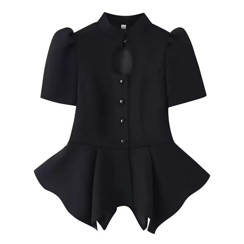 Women's hollowed out bubble sleeve waist cinched top